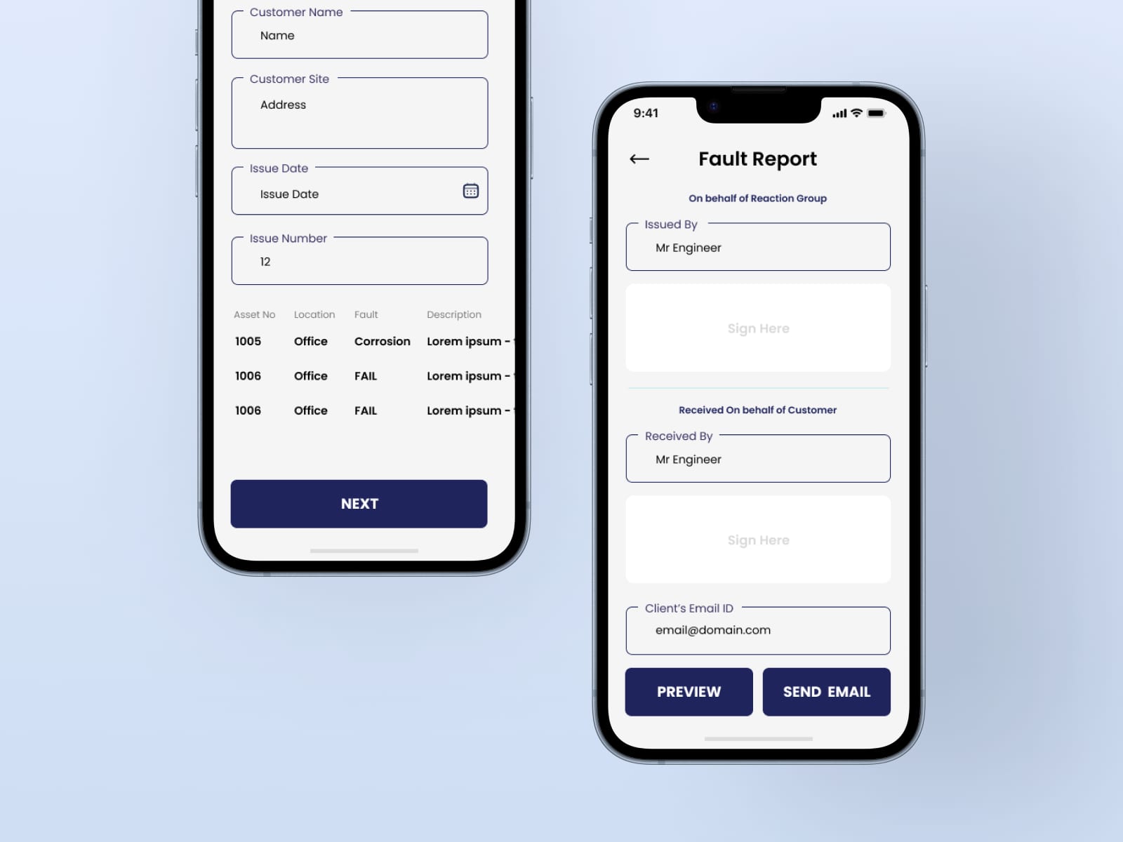 Mobile fault reporting app with asset details, issue tracking, engineer signatures, and email submission for service documentation.