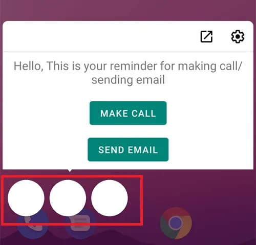 Reminder interface displaying options to "Make Call" and "Send Email," with three circular icons below on a purple background.