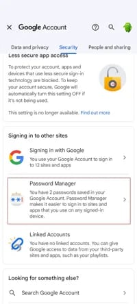 Google Account security settings page showing Password Manager, sign-in options, linked accounts, and account access controls.