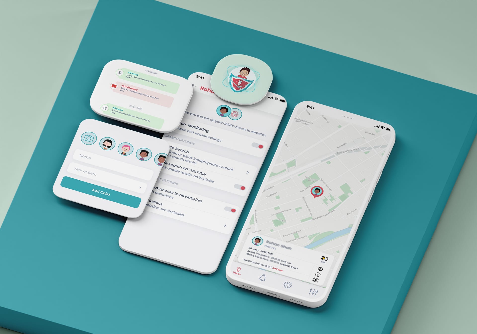 Parental control mobile app featuring child monitoring dashboard, web filtering settings, YouTube restrictions, location tracking map, and real-time activity alerts.