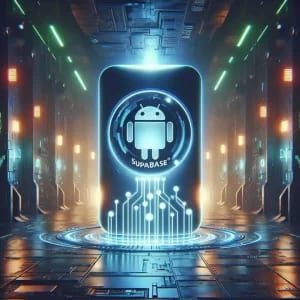 Futuristic display featuring a glowing Supabase logo and Android symbol against a high-tech, illuminated corridor backdrop.