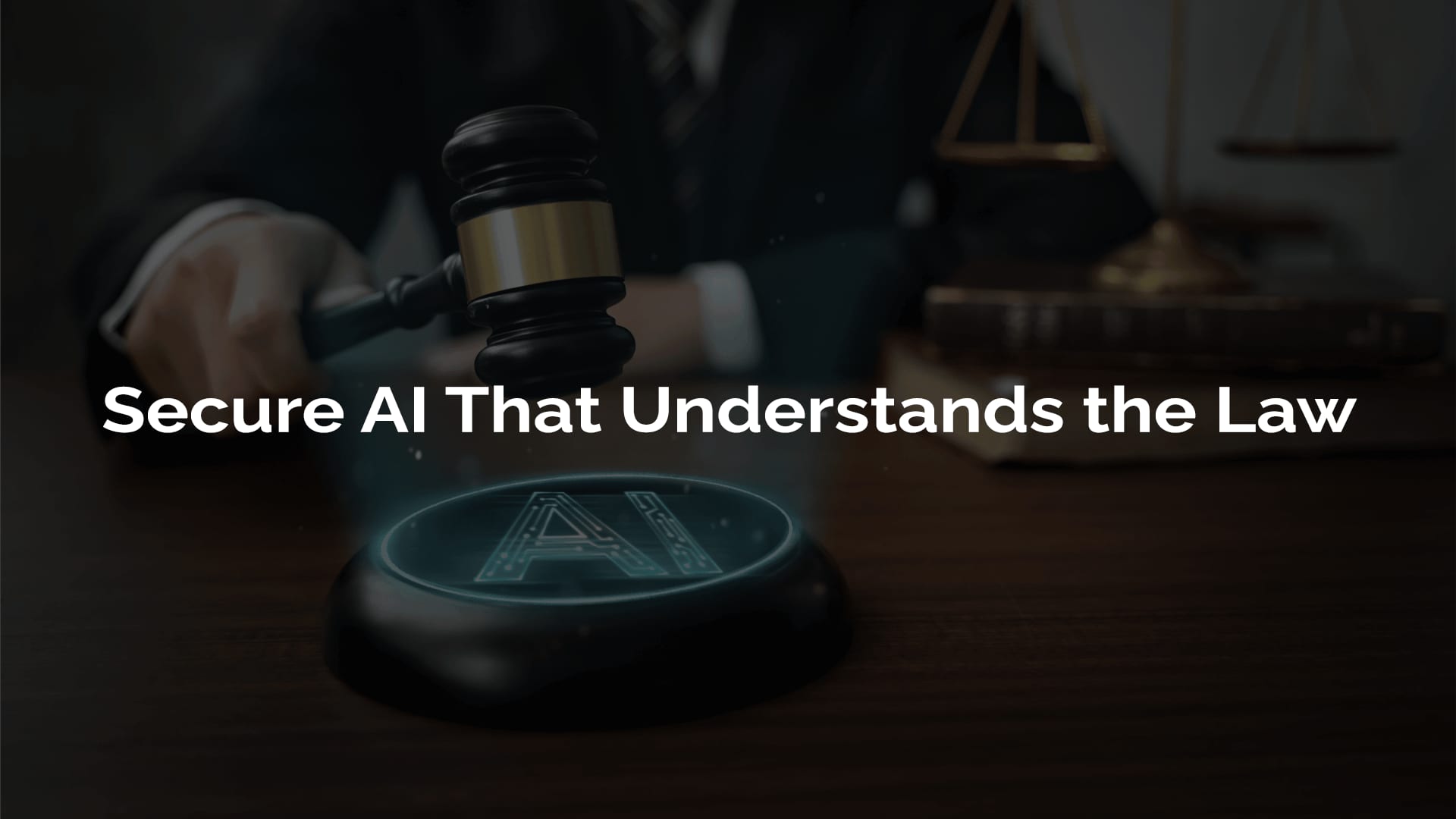 A gavel striking a high-tech AI logo, symbolizing secure artificial intelligence solutions for legal understanding.