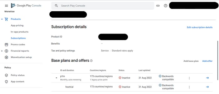 The image shows a screenshot of the Google Play Console interface. It displays the Subscription details section, with the product ID, benefits, tax and policy settings. Below, there are base plans and offers with information about ID, regions, status, and affected app versions.