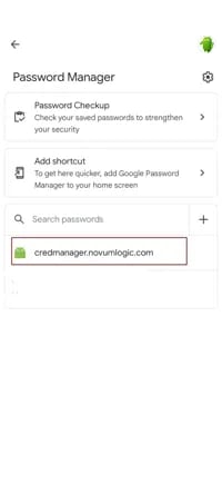 Screenshot of a mobile Password Manager interface, showing options for Password Checkup and a listed saved password for credmanager.novumlogic.com.