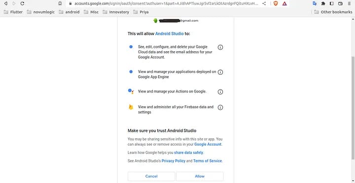 This image showcases Allow Firebase to proceed further
