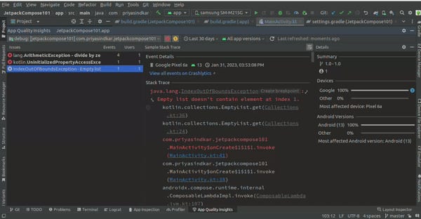 An error message was displayed in an Android development environment, detailing a stack trace for an IndexOutOfBoundsException in Kotlin.