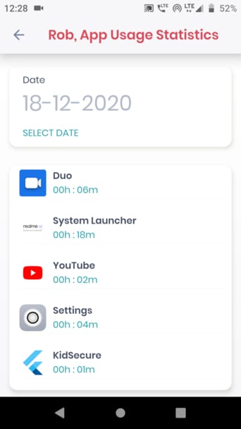 App usage statistics for Rob on December 18, 2020, showing time spent on various apps: Duo, System Launcher, YouTube, Settings, KidSecure.