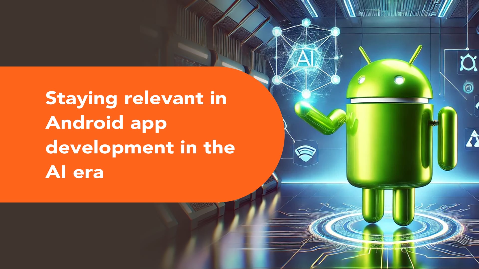 A glowing blue Android robot icon surrounded by digital icons and a robotic hand, symbolizing technology and artificial intelligence.