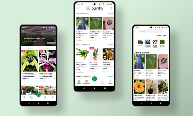 Plantly mobile app showcasing indoor plant marketplace with product listings, pricing, ratings, search, and seamless plant shopping experience.