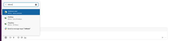 Search bar displaying results for "nlhrms" with suggestions related to leave year, holidays, and policies.