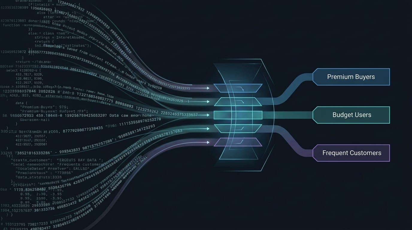Raw data streams flowing through a processing system and separating into labeled customer segments such as Premium Buyers, Budget Users, and Frequent Customers.