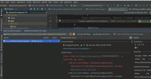 Image of an IDE displaying error messages related to an ArithmeticException in a Jetpack Compose project, with code snippets and debug information visible.