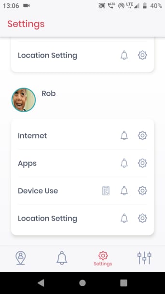 A mobile settings menu displaying options for Internet, Apps, Device Use, and Location Settings, with a profile name "Rob" at the top