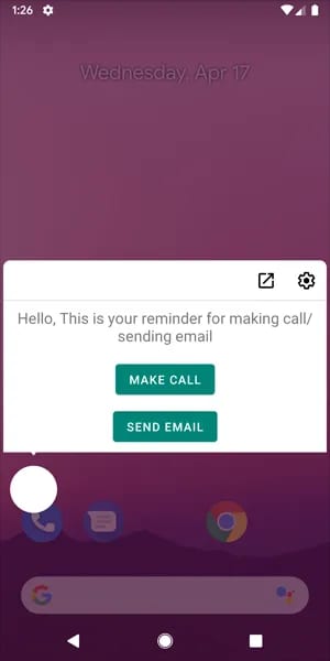 A smartphone screen displaying a reminder to make a call or send an email, with buttons for each action highlighted.