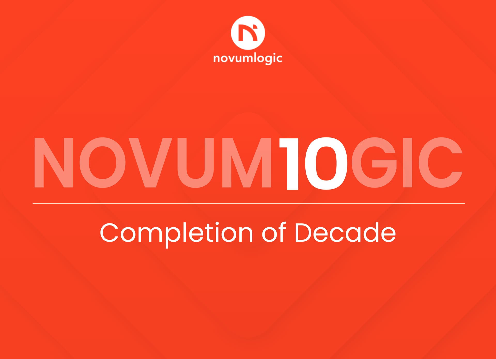 NovumLogic anniversary graphic celebrating a decade of digital innovation with the text ‘Completion of Decade’ on an orange background.