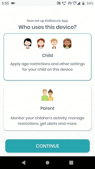 A mobile app setup screen for KidSecure, offering options for "Child" and "Parent" user profiles with relevant descriptions.