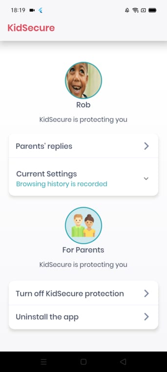Screenshot of the KidSecure app interface showing user profile, parental controls, and browsing history settings.