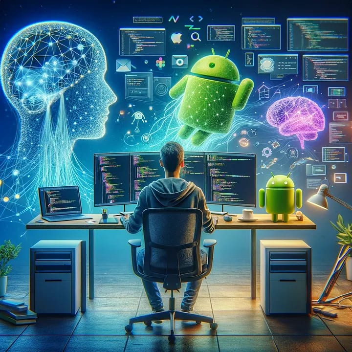 A programmer sits at a desk, coding on multiple monitors, surrounded by digital concepts of AI, Android, and a stylized brain.