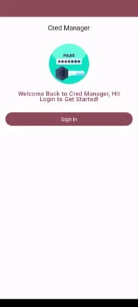 Login screen for the Cred Manager app, featuring a welcome message and a "Sign in" button.