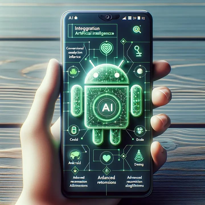 A hand holds a smartphone displaying a green AI interface with an Android mascot and various analytical functions against a wooden background.
