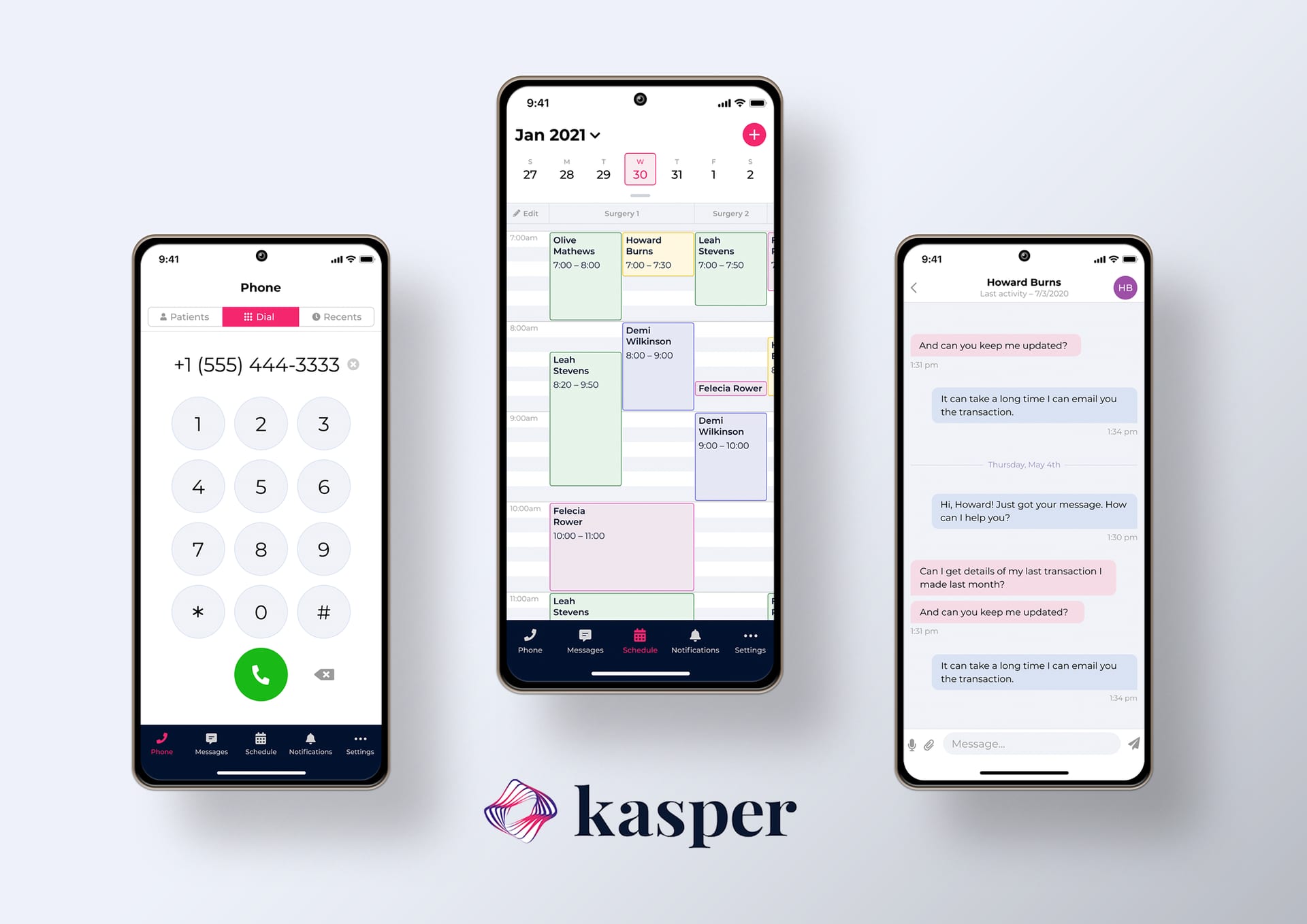 Kasper healthcare app featuring patient dialer, appointment scheduling calendar, and secure messaging for streamlined clinic communication and workflow management.