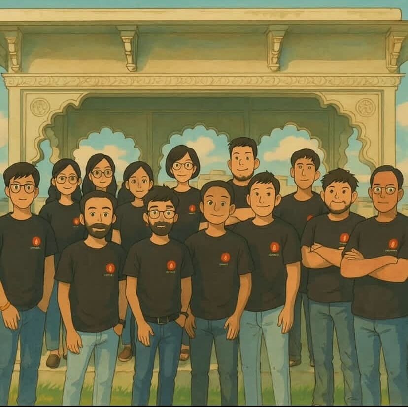 Chibi-style illustration of the NovumLogic development team wearing branded black shirts, standing together in front of an ornate arch building.