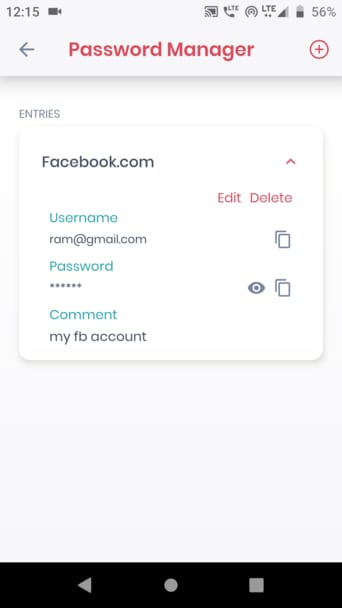 Password manager interface displaying Facebook.com entry with username, password placeholder, and comment. Options to edit or delete.