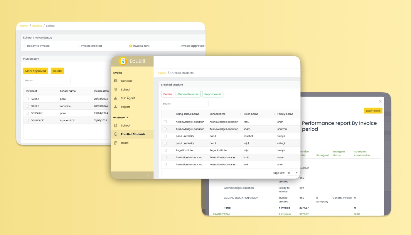 EduBill web dashboard showing school invoice management, enrolled student records, Excel import/export tools, and performance reporting analytics interface.