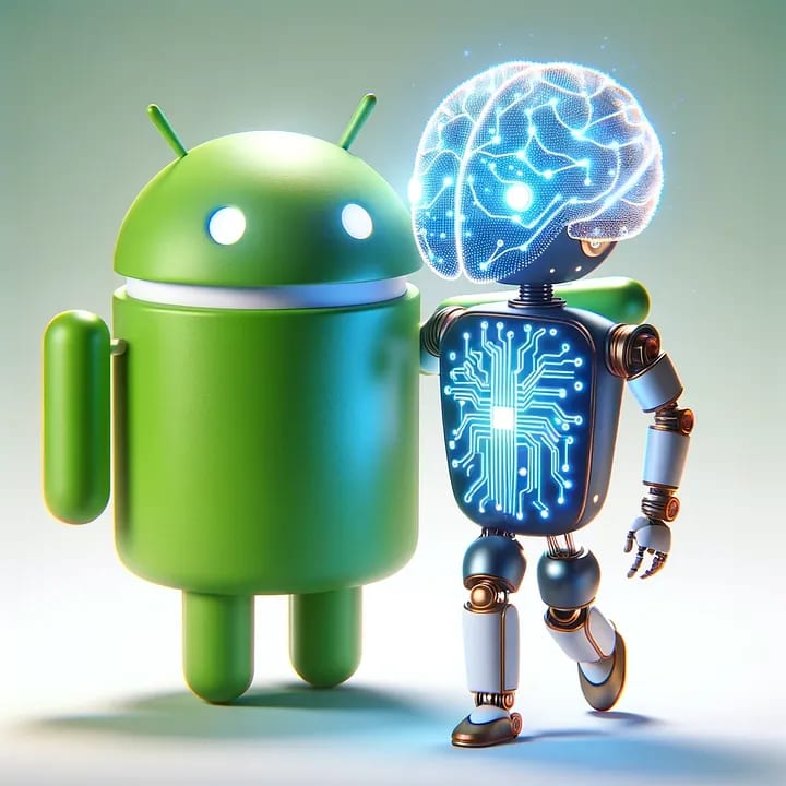 A friendly green Android mascot stands beside a futuristic robot with a glowing brain and a circuit-patterned body.