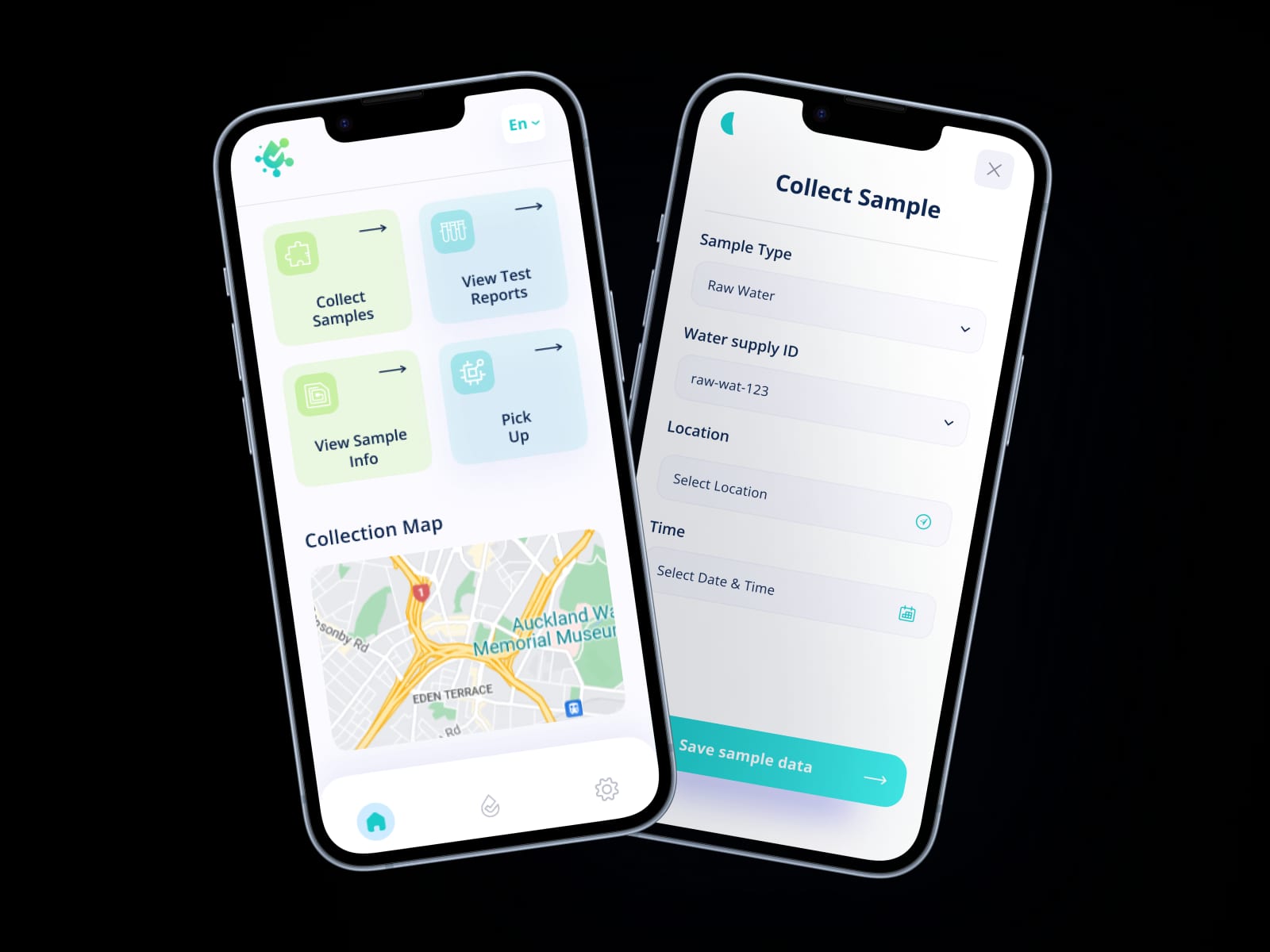 Custom mobile app built by NovumLogic for water sample collection and field data management, showing collection map and sample logging screens