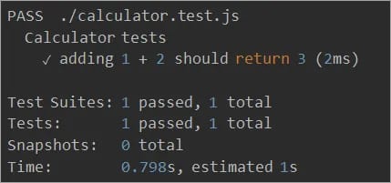 Output from a JavaScript test showing a successful addition test of 1 and 2 returning 3, with performance metrics displayed.