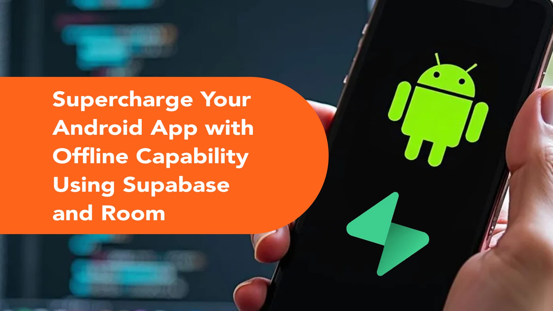 A glowing digital interface featuring the Supabase logo and Android icon, surrounded by circuit patterns in a futuristic setting.